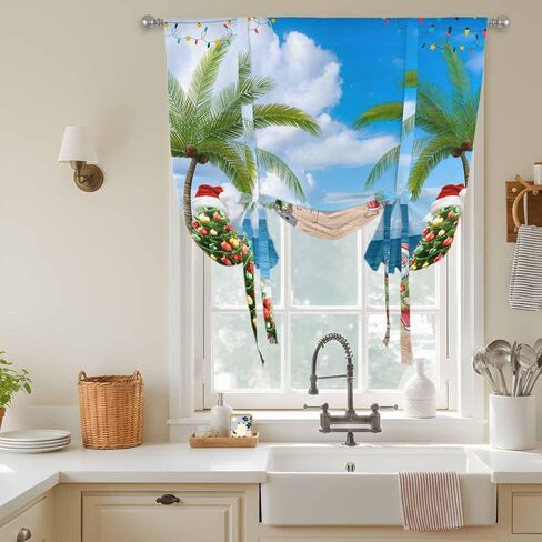 Coastal Christmas Tie Up Curtains for Window, Xmas Santa Tree Flaming Beach Thermal Insulated Balloon Shade Adjustable Rod Pocket Curtains Valance Panels for Kitchen Bathroom Café 42'' x 54'' in Saudi Arabia