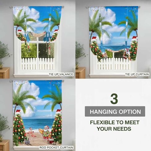 Coastal Christmas Tie Up Curtains for Window, Xmas Santa Tree Flaming Beach Thermal Insulated Balloon Shade Adjustable Rod Pocket Curtains Valance Panels for Kitchen Bathroom Café 42'' x 54'' in Saudi Arabia