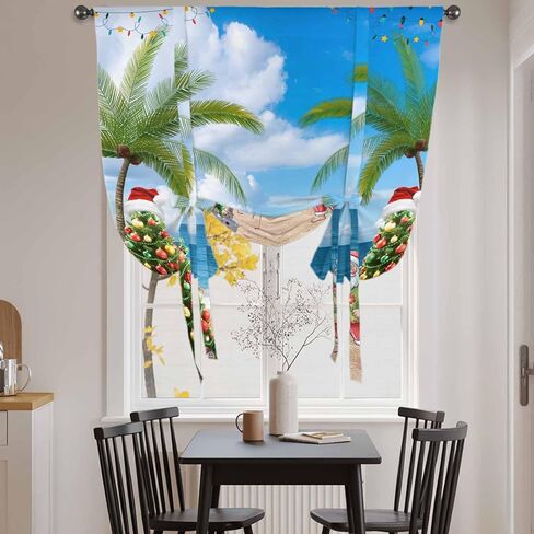 Coastal Christmas Tie Up Curtains for Window, Xmas Santa Tree Flaming Beach Thermal Insulated Balloon Shade Adjustable Rod Pocket Curtains Valance Panels for Kitchen Bathroom Café 42'' x 54'' in Saudi Arabia
