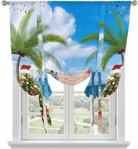 Coastal Christmas Tie Up Curtains for Window, Xmas Santa Tree Flaming Beach Thermal Insulated Balloon Shade Adjustable Rod Pocket Curtains Valance Panels for Kitchen Bathroom Café 42'' x 54'' in Saudi Arabia