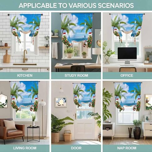 Coastal Christmas Tie Up Curtains for Window, Xmas Santa Tree Flaming Beach Thermal Insulated Balloon Shade Adjustable Rod Pocket Curtains Valance Panels for Kitchen Bathroom Café 42'' x 54'' in Saudi Arabia