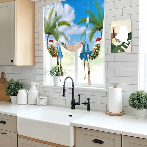 Coastal Christmas Tie Up Curtains for Window, Xmas Santa Tree Flaming Beach Thermal Insulated Balloon Shade Adjustable Rod Pocket Curtains Valance Panels for Kitchen Bathroom Café 42'' x 54'' in Saudi Arabia