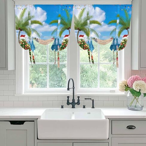 Coastal Christmas Tie Up Curtains for Window, Xmas Santa Tree Flaming Beach Thermal Insulated Balloon Shade Adjustable Rod Pocket Curtains Valance Panels for Kitchen Bathroom Café 42'' x 54'' in Saudi Arabia