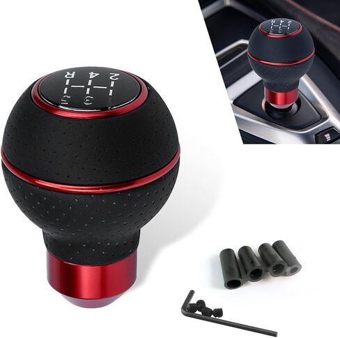 Car Leather Gear Shift Knob, 5/6 Speed Manual Vehicle Gearbox Shifter Lever with 5 Shift Sticker, Ball Shape Shifting Stick Replace Part with 8/10/12mm Mounting Bracket for Cars (Red) in Saudi Arabia