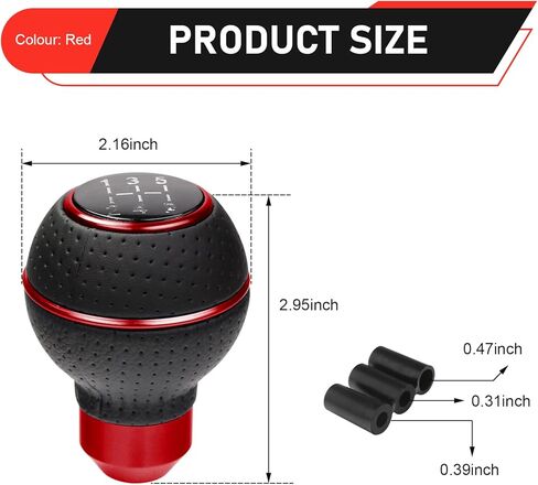 Car Leather Gear Shift Knob, 5/6 Speed Manual Vehicle Gearbox Shifter Lever with 5 Shift Sticker, Ball Shape Shifting Stick Replace Part with 8/10/12mm Mounting Bracket for Cars (Red) in Saudi Arabia