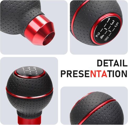 Car Leather Gear Shift Knob, 5/6 Speed Manual Vehicle Gearbox Shifter Lever with 5 Shift Sticker, Ball Shape Shifting Stick Replace Part with 8/10/12mm Mounting Bracket for Cars (Red) in Saudi Arabia