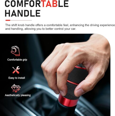 Car Leather Gear Shift Knob, 5/6 Speed Manual Vehicle Gearbox Shifter Lever with 5 Shift Sticker, Ball Shape Shifting Stick Replace Part with 8/10/12mm Mounting Bracket for Cars (Red) in Saudi Arabia
