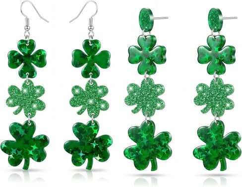 إكسسوارات يوم القديس باتريك للنساء أقراط ومسامير شامروك البرسيم مجموعة من 2 أقراط يوم القديس باتريك الأيرلندية المحظوظة على شكل قلب أخضر على شكل قلب وأربع أوراق زينة هدية مجوهرات الحظ السعيد in Kuwait
