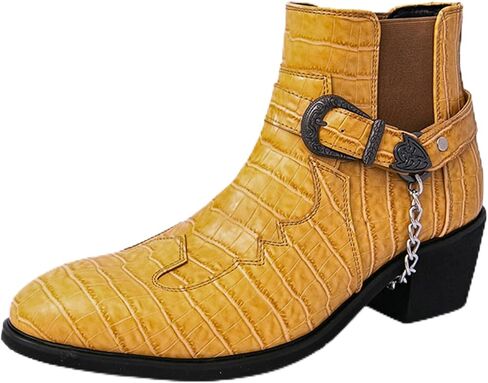 Men's Pattern Leather Chunky Heel Dress Chelsea Boots with Metal Belt Buckle Fashion Cap Toe Block High Heel High Top Slip On Formal Oxford Shoes Business Casual Chukka Booties in Saudi Arabia