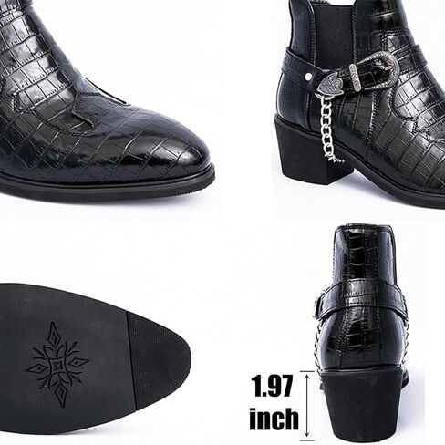 Men's Pattern Leather Chunky Heel Dress Chelsea Boots with Metal Belt Buckle Fashion Cap Toe Block High Heel High Top Slip On Formal Oxford Shoes Business Casual Chukka Booties in Saudi Arabia