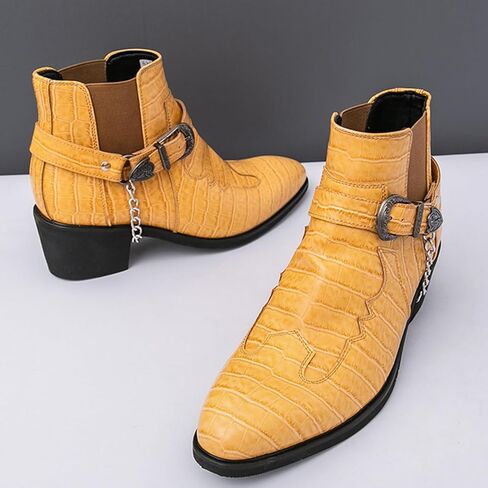 Men's Pattern Leather Chunky Heel Dress Chelsea Boots with Metal Belt Buckle Fashion Cap Toe Block High Heel High Top Slip On Formal Oxford Shoes Business Casual Chukka Booties in Saudi Arabia