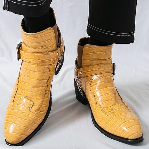 Men's Pattern Leather Chunky Heel Dress Chelsea Boots with Metal Belt Buckle Fashion Cap Toe Block High Heel High Top Slip On Formal Oxford Shoes Business Casual Chukka Booties in Saudi Arabia