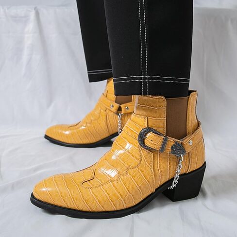 Men's Pattern Leather Chunky Heel Dress Chelsea Boots with Metal Belt Buckle Fashion Cap Toe Block High Heel High Top Slip On Formal Oxford Shoes Business Casual Chukka Booties in Saudi Arabia