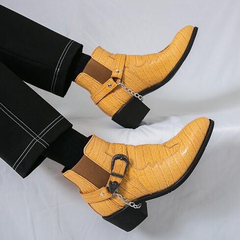 Men's Pattern Leather Chunky Heel Dress Chelsea Boots with Metal Belt Buckle Fashion Cap Toe Block High Heel High Top Slip On Formal Oxford Shoes Business Casual Chukka Booties in Saudi Arabia