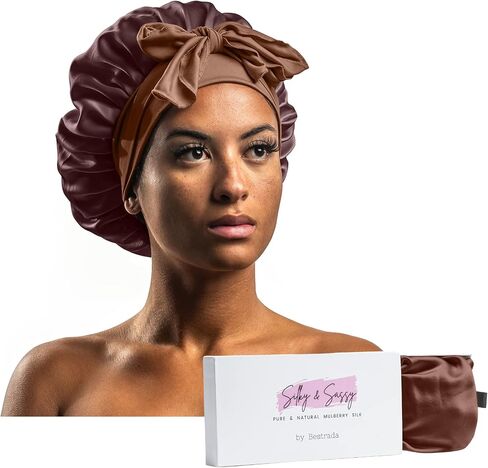 100% Mulberry Silk Sleep Cap Silk Bonnet for Curly Hair Extra Large Luxurious Bonnet Adjusts for Stay-Put Fit (Royal Brown) in Saudi Arabia