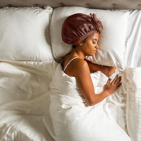 100% Mulberry Silk Sleep Cap Silk Bonnet for Curly Hair Extra Large Luxurious Bonnet Adjusts for Stay-Put Fit (Royal Brown) in Saudi Arabia