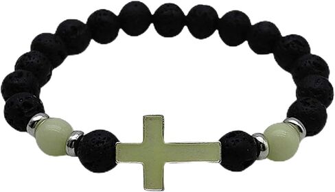 GYRMMUE Gothic Luminous Bracelet,Black Cross Bracelet Vintage Natural Volcanic Stone Bracelet Handmade Beaded Bracelet for Men in Kuwait