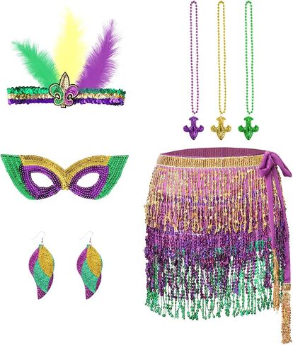 Heliltd 7pcs Mardi Gras Costume Accessory Set Sequin Skirt for Women Faux Feather Headband, Sequin Mask, Mardi Gras Beads, Earrings Mardi Gras Outfit for Women Halloween Party Multicolor in Saudi Arabia
