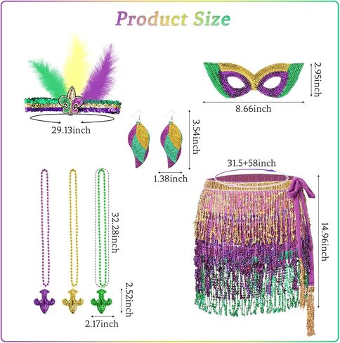 Heliltd 7pcs Mardi Gras Costume Accessory Set Sequin Skirt for Women Faux Feather Headband, Sequin Mask, Mardi Gras Beads, Earrings Mardi Gras Outfit for Women Halloween Party Multicolor in Saudi Arabia