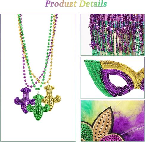 Heliltd 7pcs Mardi Gras Costume Accessory Set Sequin Skirt for Women Faux Feather Headband, Sequin Mask, Mardi Gras Beads, Earrings Mardi Gras Outfit for Women Halloween Party Multicolor in Saudi Arabia