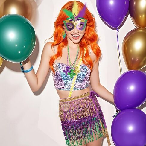 Heliltd 7pcs Mardi Gras Costume Accessory Set Sequin Skirt for Women Faux Feather Headband, Sequin Mask, Mardi Gras Beads, Earrings Mardi Gras Outfit for Women Halloween Party Multicolor in Saudi Arabia