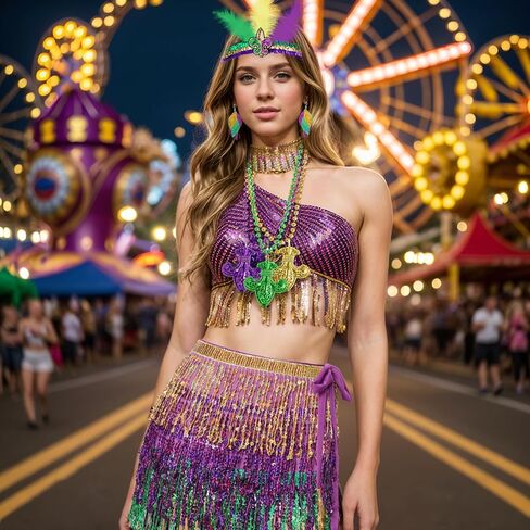 Heliltd 7pcs Mardi Gras Costume Accessory Set Sequin Skirt for Women Faux Feather Headband, Sequin Mask, Mardi Gras Beads, Earrings Mardi Gras Outfit for Women Halloween Party Multicolor in Saudi Arabia