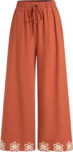 سروال واسع الساق من CIDER، سروال متوسط ​​الخصر مزين بالزهور، سروال Palazzo فضفاض مريح بخصر مطاطي in Kuwait
