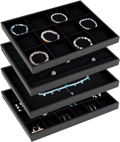 PH PandaHall Black Jewelry Tray 4 Pack Jewelry Organizer Tray Rectangle Display Trays Stackable Storage Case for Earrings Rings Necklaces Dresser Drawer Vendor Display Christmas Decor, 13.7x9.4inch in Saudi Arabia
