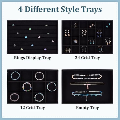 PH PandaHall Black Jewelry Tray 4 Pack Jewelry Organizer Tray Rectangle Display Trays Stackable Storage Case for Earrings Rings Necklaces Dresser Drawer Vendor Display Christmas Decor, 13.7x9.4inch in Saudi Arabia