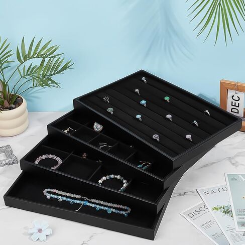 PH PandaHall Black Jewelry Tray 4 Pack Jewelry Organizer Tray Rectangle Display Trays Stackable Storage Case for Earrings Rings Necklaces Dresser Drawer Vendor Display Christmas Decor, 13.7x9.4inch in Saudi Arabia