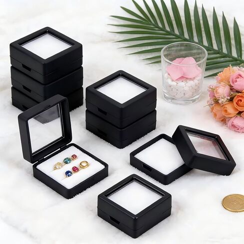 18 Pack Black Gemstone Display Box, Square Acrylic Jewelry Box with Clear Lid for Loose Diamonds, Crystals, Stones, Rings & Pendants - 1.16" x 1.16" x 0.65" Transparent Showcase Containers in Saudi Arabia
