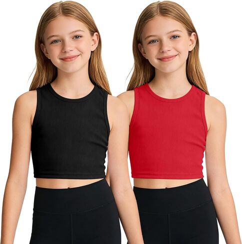 Auranso Girls Tank Tops 2 Pack Ribbed Knit Sleeveless Round Neck Basic Crop Tops for Kids in Kuwait