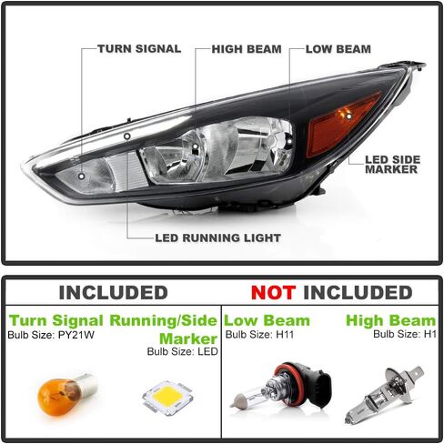 ACANII - For [Halogen Type Black Housing w/LED DRL] 2015-2018 Ford Focus Headlight Headlamp Assembly Left Driver Side in Saudi Arabia