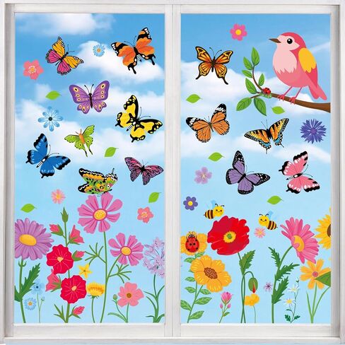 93 قطعة من ملصقات النوافذ الزنبركية من AOWDIAO - سهلة التركيب والإزالة لملصقات النوافذ على شكل زهرة الفينيل للنوافذ الزجاجية والمكاتب وديكورات المنزل الربيعية in Kuwait