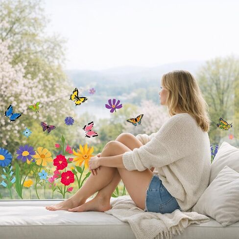 93 قطعة من ملصقات النوافذ الزنبركية من AOWDIAO - سهلة التركيب والإزالة لملصقات النوافذ على شكل زهرة الفينيل للنوافذ الزجاجية والمكاتب وديكورات المنزل الربيعية in Kuwait