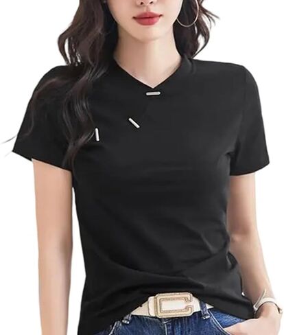 New Chinese Style Slim Fit Cotton O-Neck T-Shirt Women's Button Front Solid Color Short Sleeve Casual Top in Saudi Arabia