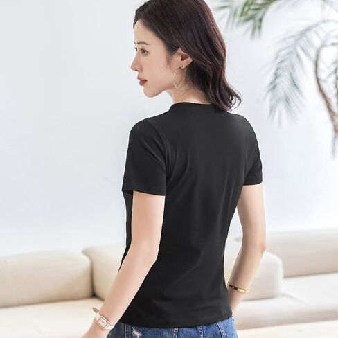 New Chinese Style Slim Fit Cotton O-Neck T-Shirt Women's Button Front Solid Color Short Sleeve Casual Top in Saudi Arabia
