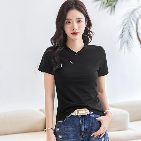 New Chinese Style Slim Fit Cotton O-Neck T-Shirt Women's Button Front Solid Color Short Sleeve Casual Top in Saudi Arabia