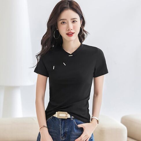 New Chinese Style Slim Fit Cotton O-Neck T-Shirt Women's Button Front Solid Color Short Sleeve Casual Top in Saudi Arabia