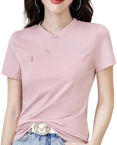 New Chinese Style Slim Fit Cotton O-Neck T-Shirt Women's Button Front Solid Color Short Sleeve Casual Top in Saudi Arabia