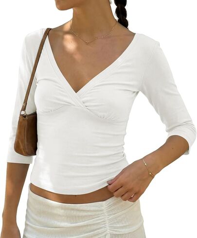 BAIGRAM Womens 3/4 Half Sleeve Deep V Wrap Neck Ruched Crop Tops Open Back Tshirt Y2k Vintage Minimalist Slim Fit Tee Summer in Kuwait