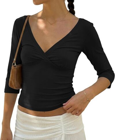BAIGRAM Womens 3/4 Half Sleeve Deep V Wrap Neck Ruched Crop Tops Open Back Tshirt Y2k Vintage Minimalist Slim Fit Tee Summer in Saudi Arabia