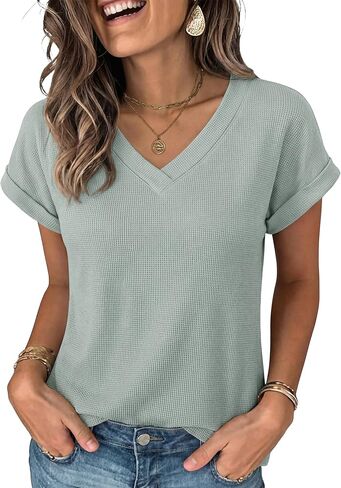 ANRABESS Womens Waffle Knit Tops 2026 Summer Casual Short Sleeve V Neck T Shirts Basic Work Tee Spring Vacation Blouses in Saudi Arabia
