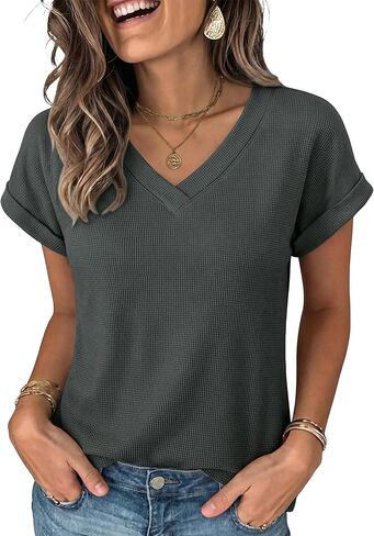 ANRABESS Womens Waffle Knit Tops 2026 Summer Casual Short Sleeve V Neck T Shirts Basic Work Tee Spring Vacation Blouses in Saudi Arabia