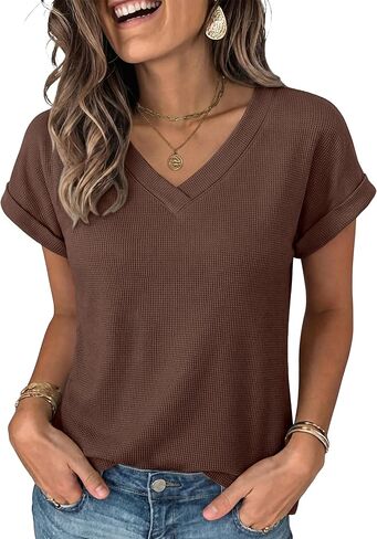 ANRABESS Womens Waffle Knit Tops 2026 Summer Casual Short Sleeve V Neck T Shirts Basic Work Tee Spring Vacation Blouses in Saudi Arabia