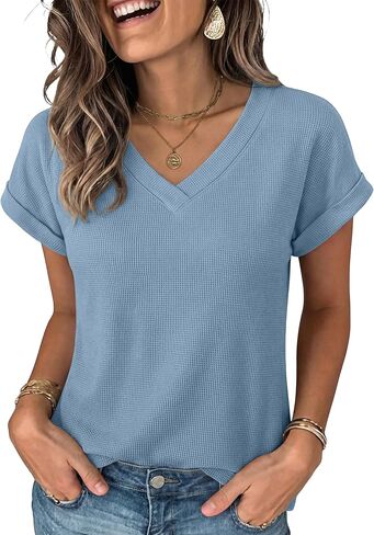 ANRABESS Womens Waffle Knit Tops 2026 Summer Casual Short Sleeve V Neck T Shirts Basic Work Tee Spring Vacation Blouses in Saudi Arabia