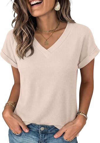 ANRABESS Womens Waffle Knit Tops 2026 Summer Casual Short Sleeve V Neck T Shirts Basic Work Tee Spring Vacation Blouses in Saudi Arabia