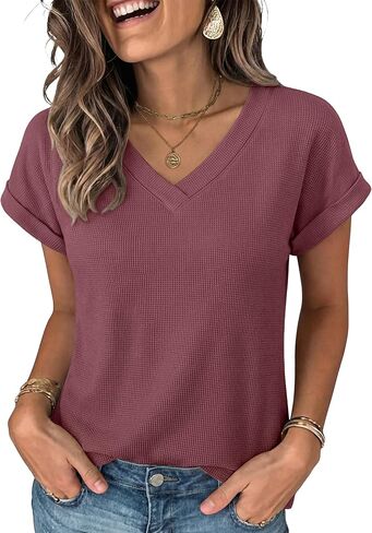 ANRABESS Womens Waffle Knit Tops 2026 Summer Casual Short Sleeve V Neck T Shirts Basic Work Tee Spring Vacation Blouses in Saudi Arabia