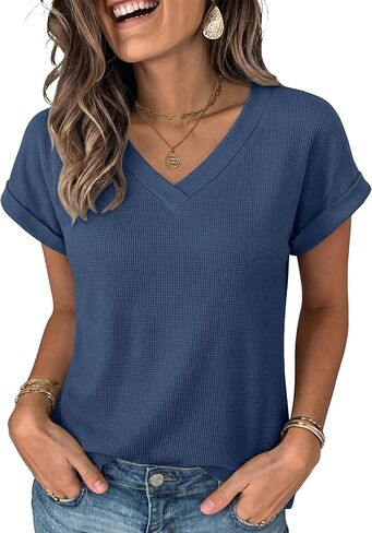 ANRABESS Womens Waffle Knit Tops 2026 Summer Casual Short Sleeve V Neck T Shirts Basic Work Tee Spring Vacation Blouses in Saudi Arabia