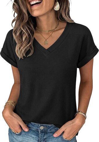 ANRABESS Womens Waffle Knit Tops 2026 Summer Casual Short Sleeve V Neck T Shirts Basic Work Tee Spring Vacation Blouses in Saudi Arabia